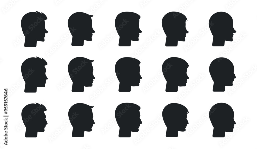 Set of man profile silhouettes, diverse faces looking sideways vector icons. Man faces with different hair style. Set of man profile silhouettes, diverse faces looking sideways vector icons. Man faces with different hair style.