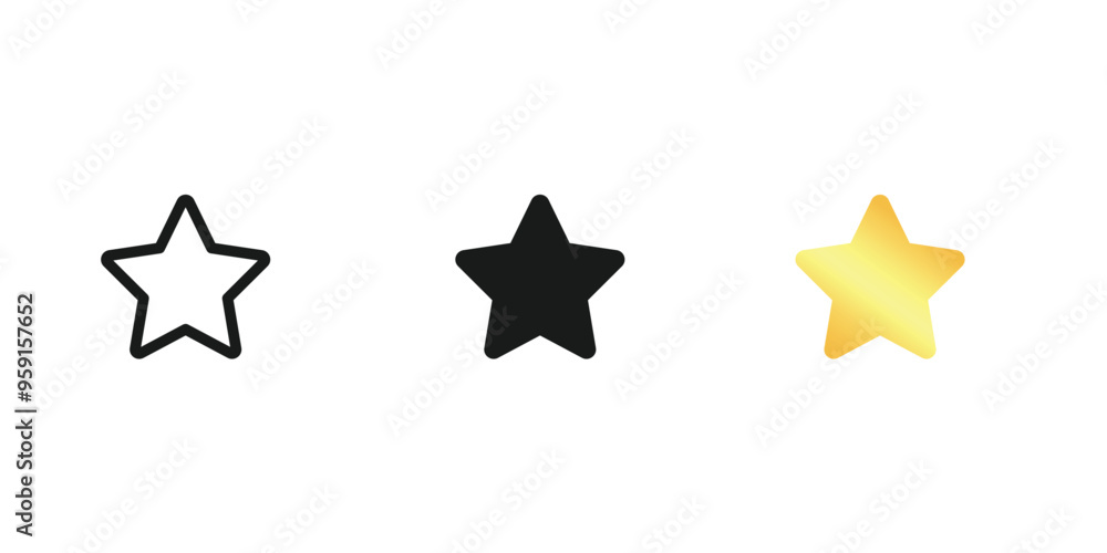 Set of minimalistic star in linear, fill and gold style. Five edge star vector icons. Set of minimalistic star in linear, fill and gold style. Five edge star vector icons.