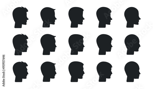Set of man profile silhouettes, diverse faces looking sideways vector icons. Man faces with different hair style. 
