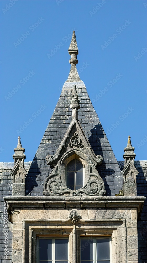 Fototapeta premium A close-up view of a decorative window and roof on an old building with intricate stonework.