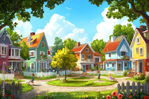 A cheerful cartoon backdrop of a neighborhood with colorful houses, picket fences, and a small park. The sky is bright and sunny, with a few children playing in the park.