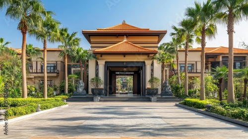 Asian-style entrance with palm trees, opulent exterior facade of opulent, exotic VIP hotel and restaurant building