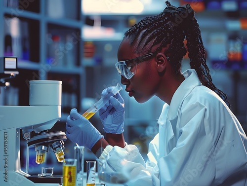 Black woman working at a biomedical laboratory photo