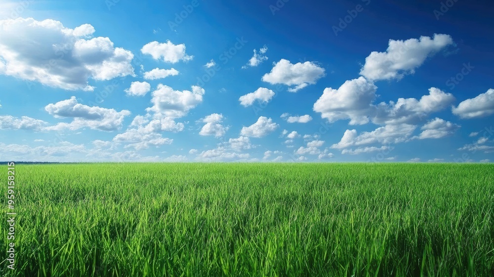 Expansive meadow of green grass stretching towards a bright blue sky with white clouds. Nature in its purest form. Expansive meadow of green grass stretching towards a bright blue sky with white clouds. Nature in its purest form.