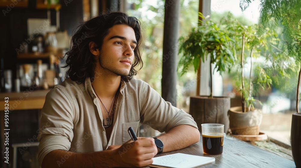 Young man writing thoughtfully in a cozy café with natural light reflecting off his coffee cup in the late afternoon Young man writing thoughtfully in a cozy café with natural light reflecting off his coffee cup in the late afternoon