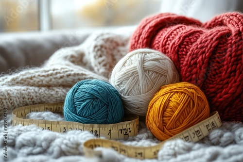 Knitted Sweater, Yarn Balls, and Measuring Tape on a Clean White Background for Crafting Inspirati photo