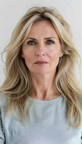 Blonde middle aged woman serious angry sad face portrait white background