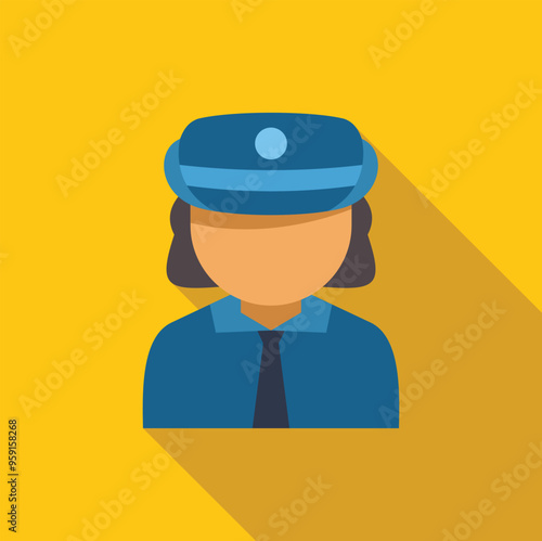 Flat design icon of a woman police officer with long shadow on a yellow background