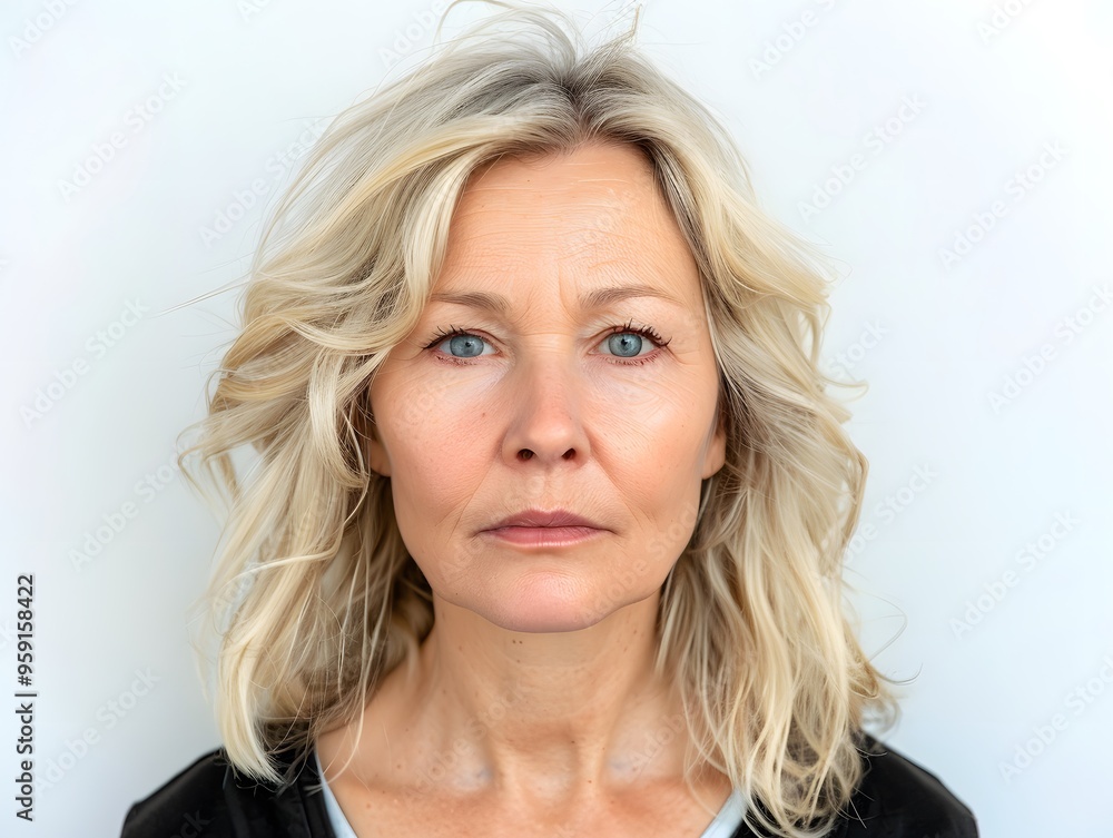 Fototapeta premium Blonde middle aged woman serious angry sad face portrait white background