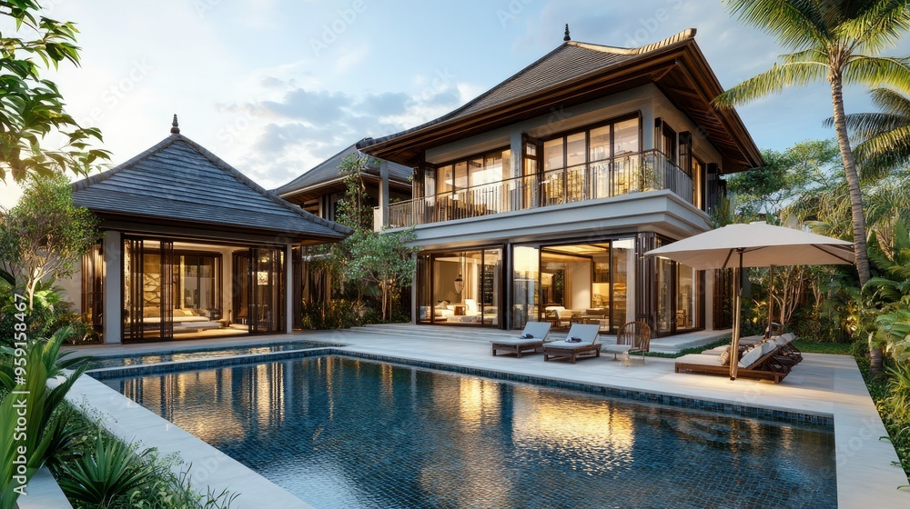 opulent villa exterior, exquisite Asian-style luxury VIP house with a tropical pool opulent villa exterior, exquisite Asian-style luxury VIP house with a tropical pool