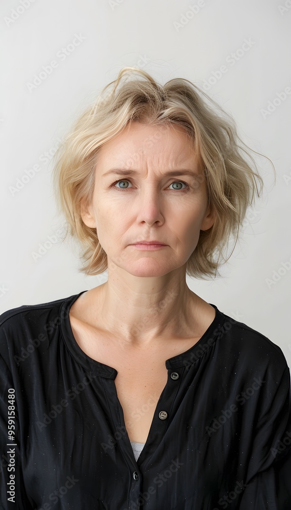 Blonde middle aged woman serious angry sad face portrait white background Blonde middle aged woman serious angry sad face portrait white background