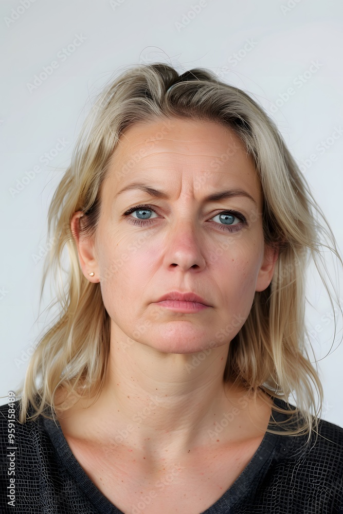 Blonde middle aged woman serious angry sad face portrait white background Blonde middle aged woman serious angry sad face portrait white background