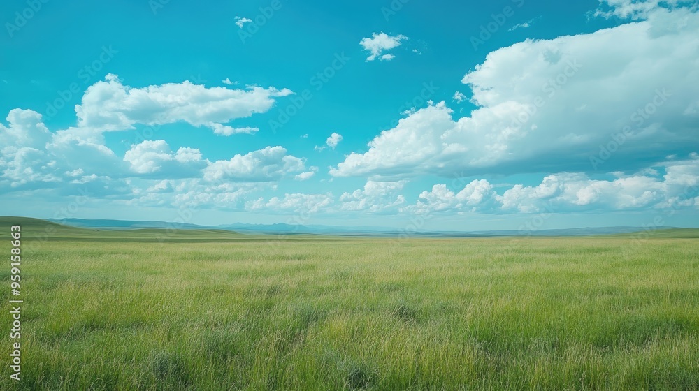 Green grasslands stretching to the horizon, under a sky of blue with white, puffy clouds. Calm and serene. Green grasslands stretching to the horizon, under a sky of blue with white, puffy clouds. Calm and serene.