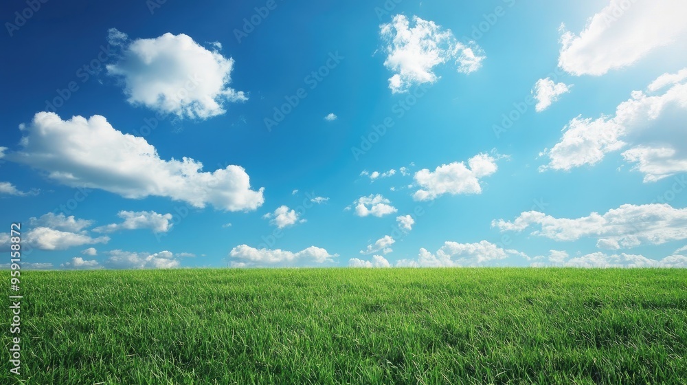 Green pasture under a clear blue sky, with white clouds gently floating above. A peaceful and refreshing view. Green pasture under a clear blue sky, with white clouds gently floating above. A peaceful and refreshing view.