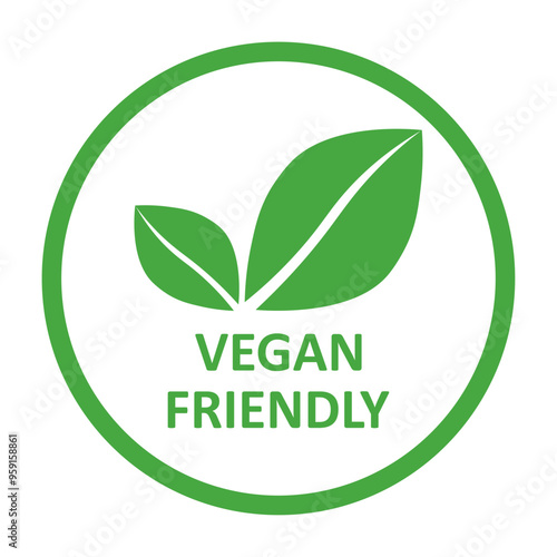 Vegan friendly vector icon. Organic, bio, eco symbol. Vegan, no meat, lactose free, healthy, fresh and nonviolent food. Round green vector illustration with leaves for stickers, labels, web and logos.