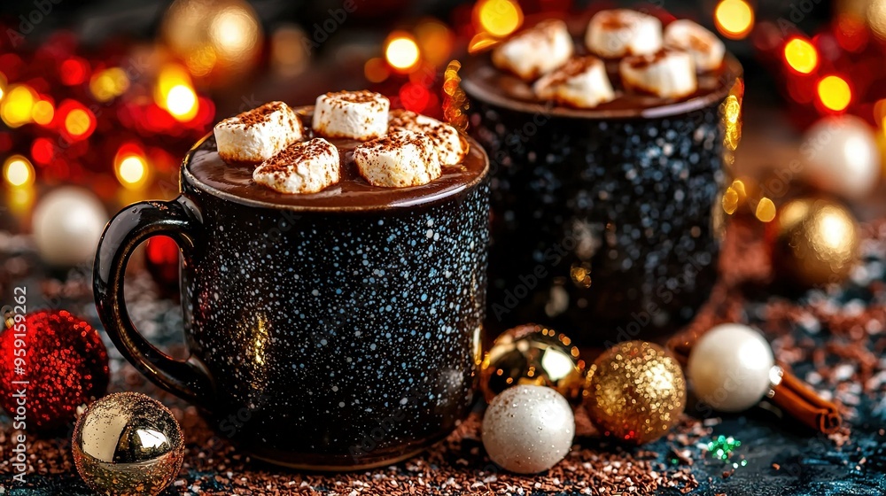 Two mugs of hot cocoa with marshmallows on a holiday-decorated table under twinkling lights Two mugs of hot cocoa with marshmallows on a holiday-decorated table under twinkling lights