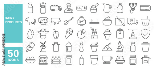 Set of 50 line icons related to dairy products, milk, yoghurt, production, cow, cheese, sour cream, bottle, cheddar, jug, ice cream, Editable stroke. Vector illustration
