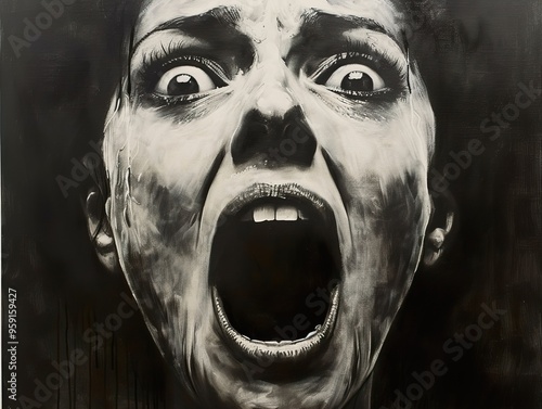 A close-up black and white portrait of a woman screaming with her mouth wide open and her eyes wide with fear.