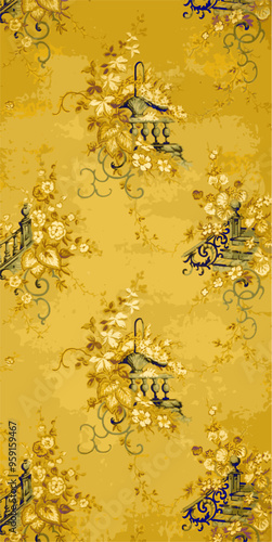 A pattern of vintage floral bouquets with urn and balustrade on a mottled ochre yellow background, reminiscent of antique wallpaper.