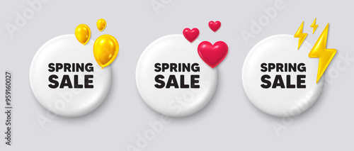 Spring Sale tag. White buttons with 3d icons. Special offer price sign. Advertising Discounts symbol. Spring sale button message. Banner badge with balloons, energy, heart. Social media icons. Vector