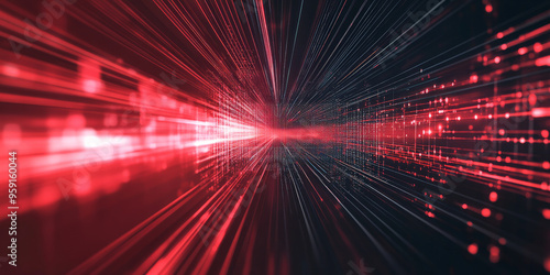 A high-tech abstract background with intersecting digital grids and light trails in bright red and dark grey. The design creates a dynamic, energetic visual with a futuristic feel.