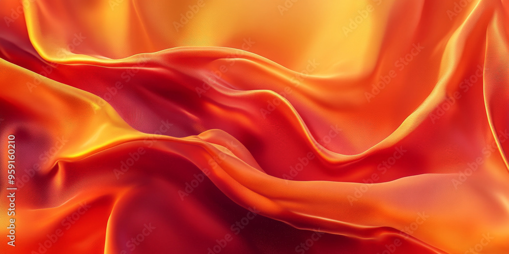 Fototapeta premium A vibrant abstract background featuring 3D silk fabric with a gradient from bright orange to deep red. The fabric waves add a dynamic, energetic quality to the scene.