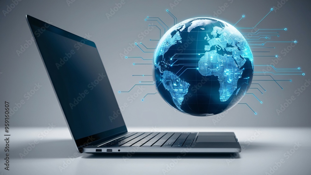 Globe and Technology Concept in Front of a Laptop, Ai generated Images Globe and Technology Concept in Front of a Laptop, Ai generated Images
