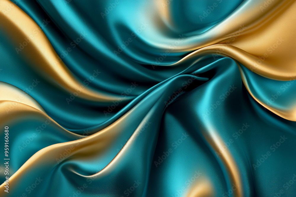 Obraz premium A chic abstract background with 3D wave gradients of silk fabric in shades of teal and gold. The fabricâ€™s smooth texture and rich colors create a luxurious atmosphere.