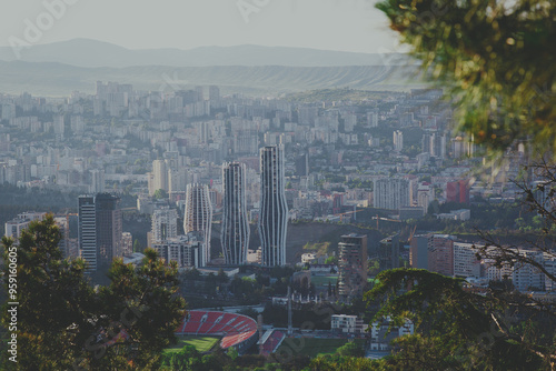 Panoramic view of residential areas of Tbilisi Vake and Saburtalo from Turtle Lake in summer photo