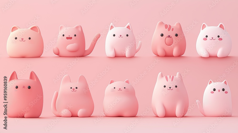Stylized 3D cats with various expressions on pink background. Stylized 3D cats with various expressions on pink background.