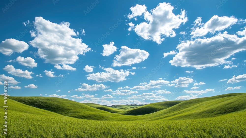Rolling hills covered in green grass, beneath a clear blue sky with scattered white clouds. Peaceful and natural. Rolling hills covered in green grass, beneath a clear blue sky with scattered white clouds. Peaceful and natural.