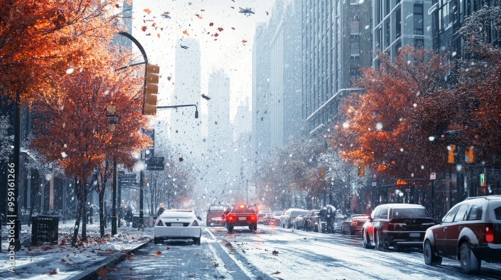 Snowy city, autumn leaves, urban, modern, busy Snowy city, autumn leaves, urban, modern, busy