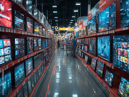 A lively Black Friday electronics sale scene  with shoppers eagerly browsing discounted TVs  laptops  and smartphones in a bustling store