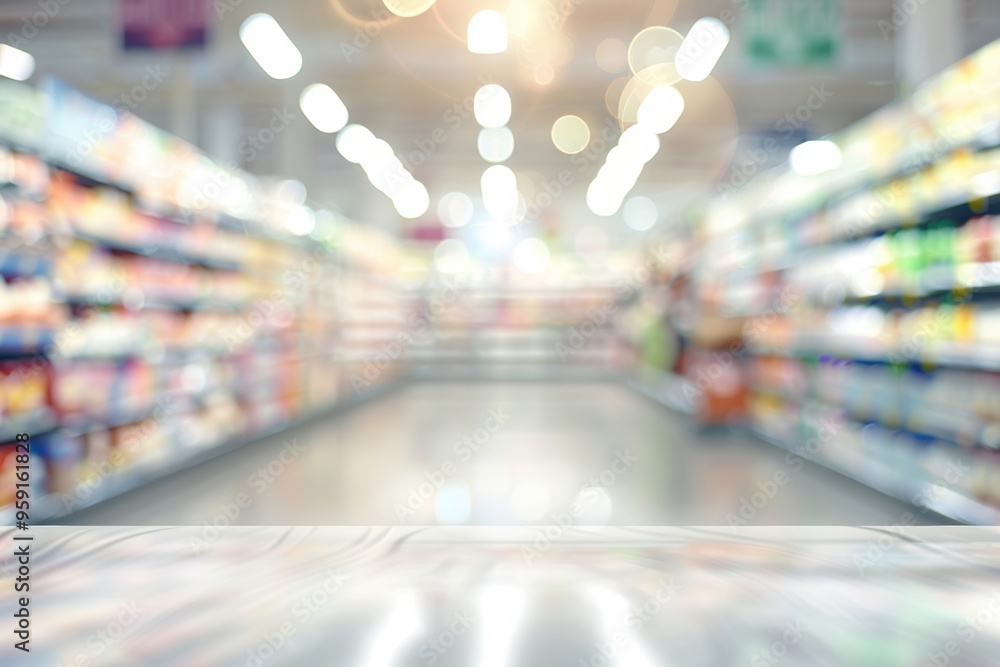 Blurry supermarket scene with bokeh lights, evoking a relaxed shopping experience. Blurry supermarket scene with bokeh lights, evoking a relaxed shopping experience.