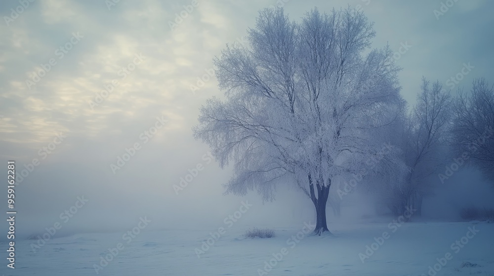 Fototapeta premium Winter fog, autumn trees, mysterious, ethereal