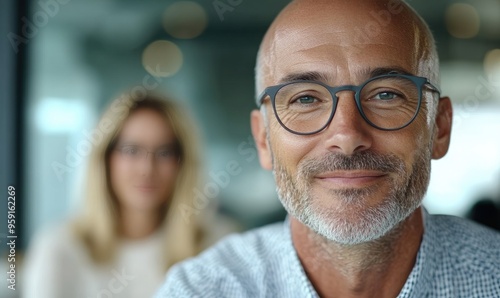 Optimistic Work Group Debating a Decision in the Office, Smiling and Engaged, with a Blurred Background