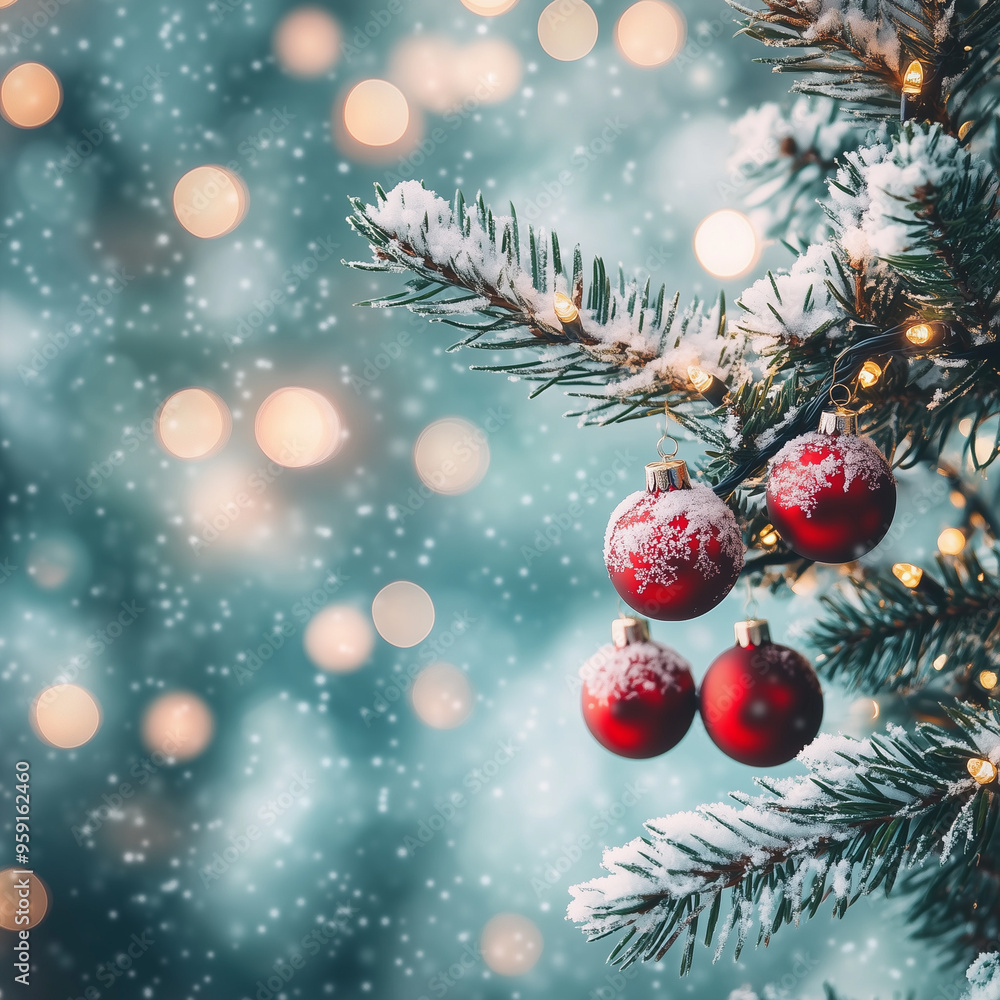 Christmas decorations on snow-dusted tree with glowing lights in background Christmas decorations on snow-dusted tree with glowing lights in background