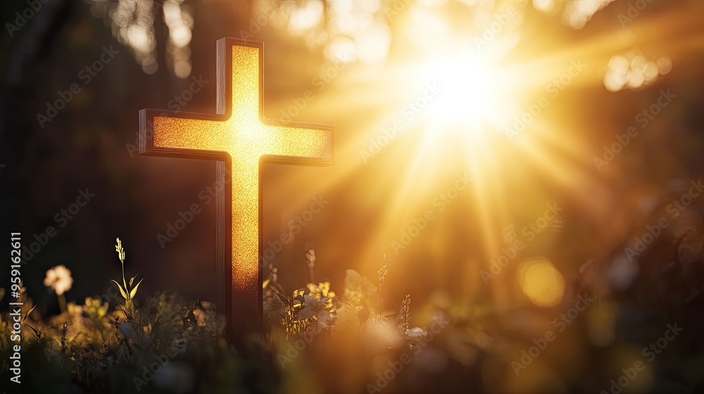Sunlight shining through the cross, casting a warm glow, symbolizing the presence of the divine in a religious context. Sunlight shining through the cross, casting a warm glow, symbolizing the presence of the divine in a religious context.
