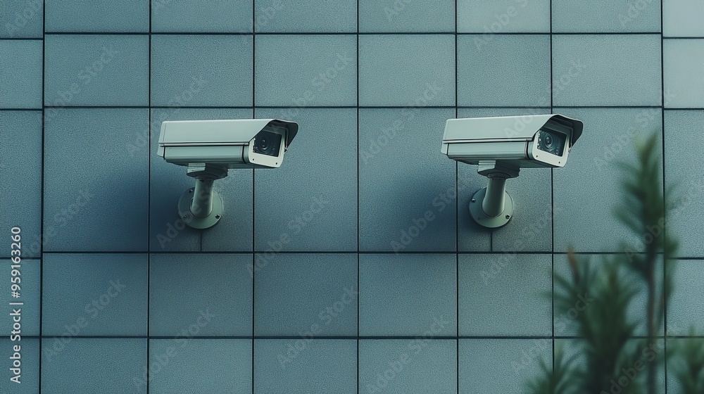 Two CCTV cameras on the facade of a gray modern business building. Street security system or big brother Two CCTV cameras on the facade of a gray modern business building. Street security system or big brother