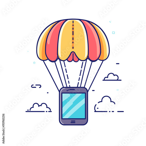 vector smartphone on parachute on white background .Generative AI