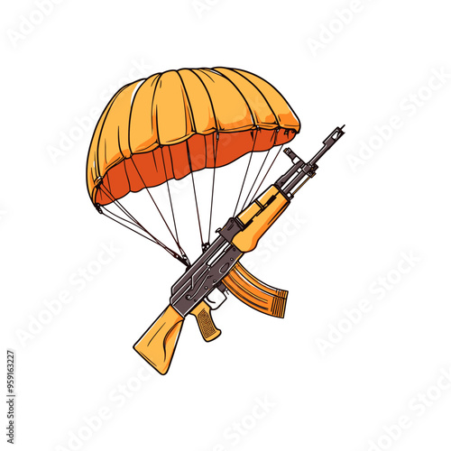 vector kalashnikov on parachute on white background .Generative AI
