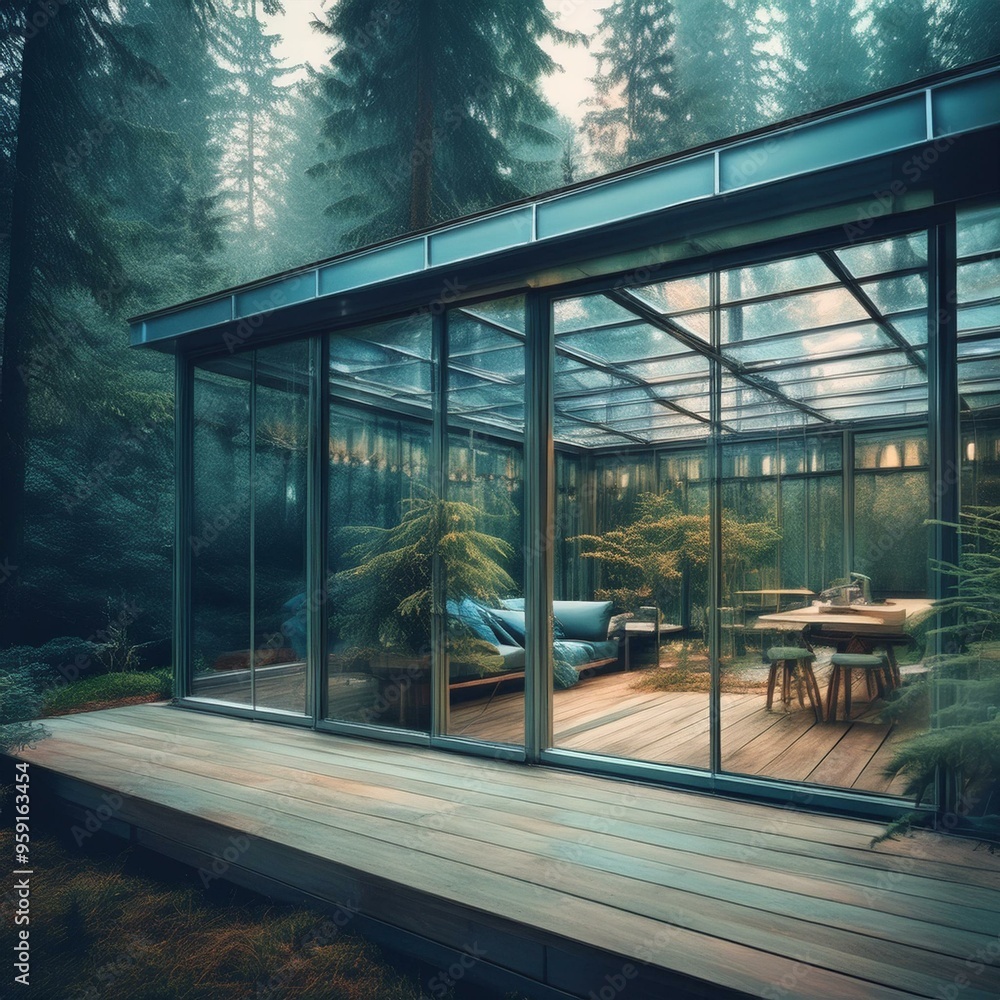 Modern Glasshouse in a Forest Setting Modern Glasshouse in a Forest Setting