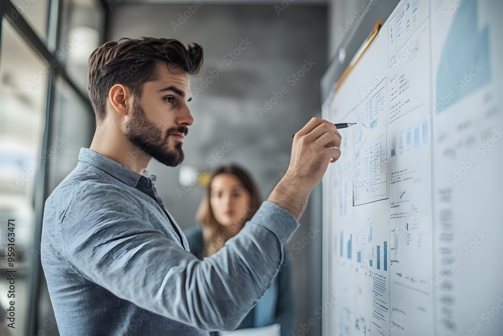 Man Explaining Business Data on Whiteboard to Colleague Man Explaining Business Data on Whiteboard to Colleague