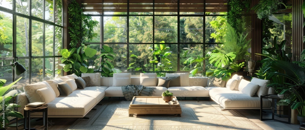 Fototapeta premium Relaxing Minimalist Living Room with Tropical Views