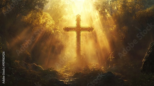 The cross of the Lord bathed in golden rays of the sun, symbolizing faith, hope, and spiritual awakening.
