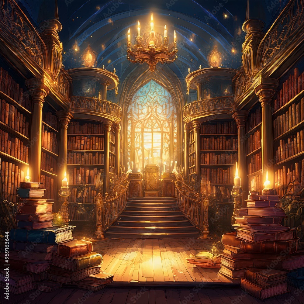 Obraz premium An ancient, magical library with towering bookshelves, enchanted books glowing softly