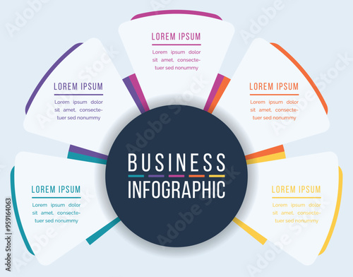 Business Infographic design 5 steps, objects, elements or options infographic business circle template