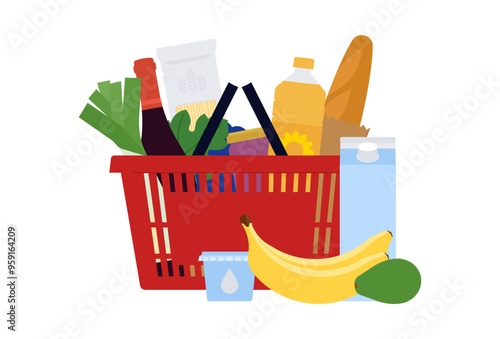 Dairy products, vegetable, bread in shopping basket. Red supermarket basket is filled of groceries. Plastic grocery hamper with handles. Concept of buying food. Simple vector illustration. Isolated