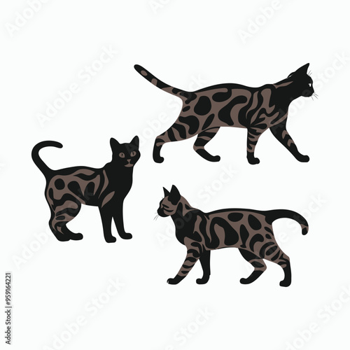 Bengal Cat Silhouette Vector Set Cute Animals Illustration Template