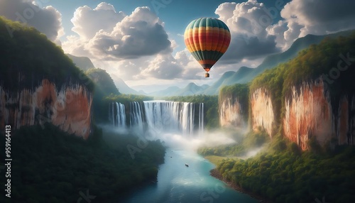 Scenic Hot Air Balloon Ride Above Waterfall Valley photo